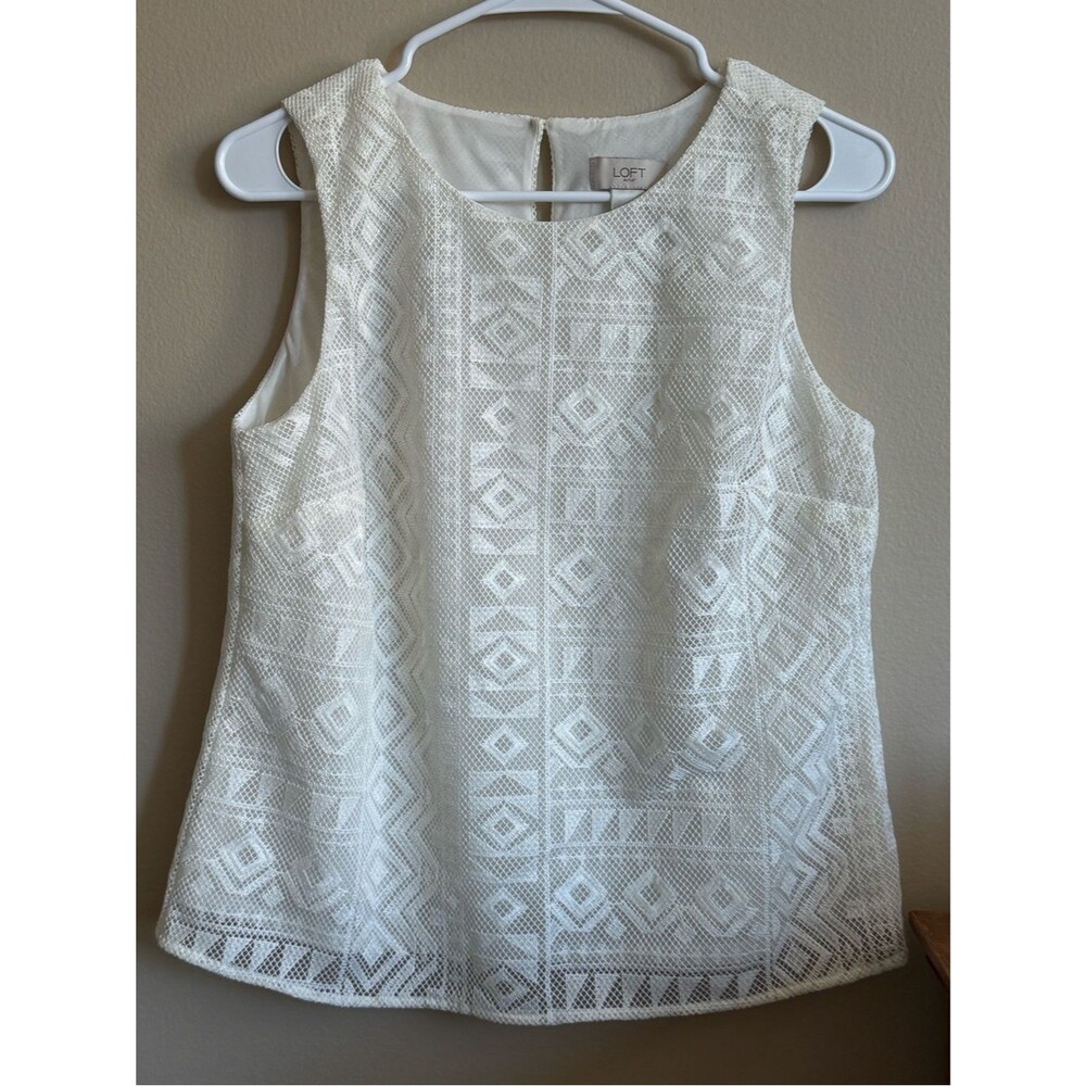 LOFT Outlet White Geometric Lace Shell Tank Top Sleeveless Blouse Size Small